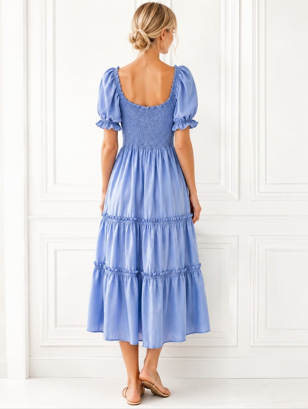 KIRUNDO Light Blue Smocked Tiered Maxi Dress Size L | Puff Sleeve Cottagecore - Picture 2 of 8